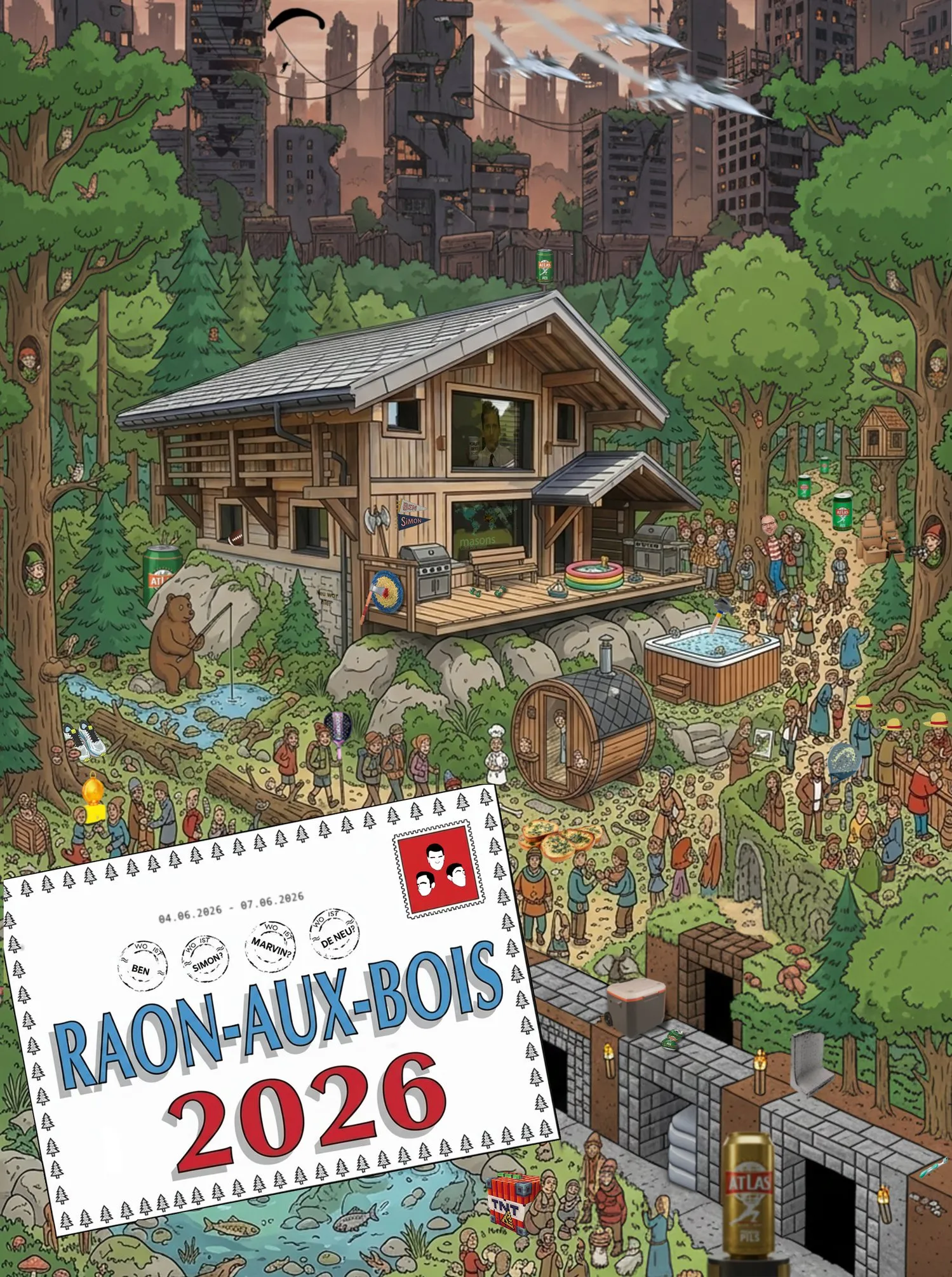Rückenmotiv 2026: Wimmelbild mit Holzhütte im Wald, Sauna, Whirlpool, vielen Figuren und einer Postkarte mit Raon-aux-Bois 2026